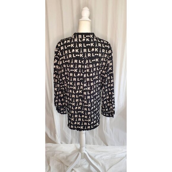Karl Lagerfeld Paris Black&White Button Up Logo Shirt Large Monochrome Tie Front - Picture 9 of 16